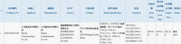 Cмартфон Xiaomi Mi 9 сертифицирован в Китае, он поддерживает быструю зарядку мощностью 27 Вт
